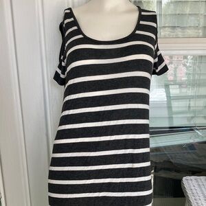 Striped Black and White Maxi cold shoulder dress.